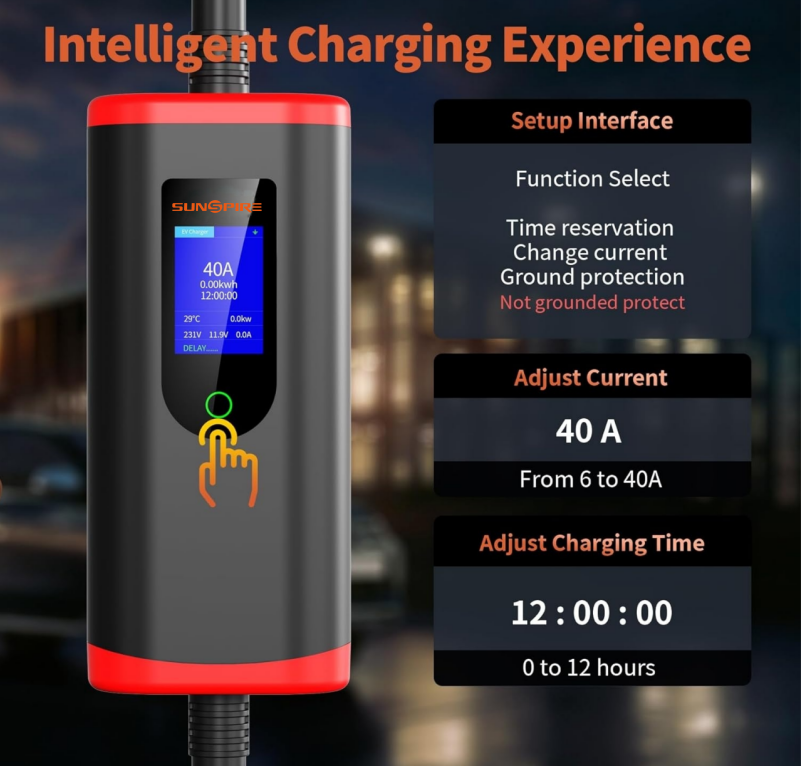 SUNSPIRE Portable 3.5kw 11kw 22kw EV Charger Ac Electric Car Ev Charging Station Charger Type1/Type 2/GBT 5 meters cable