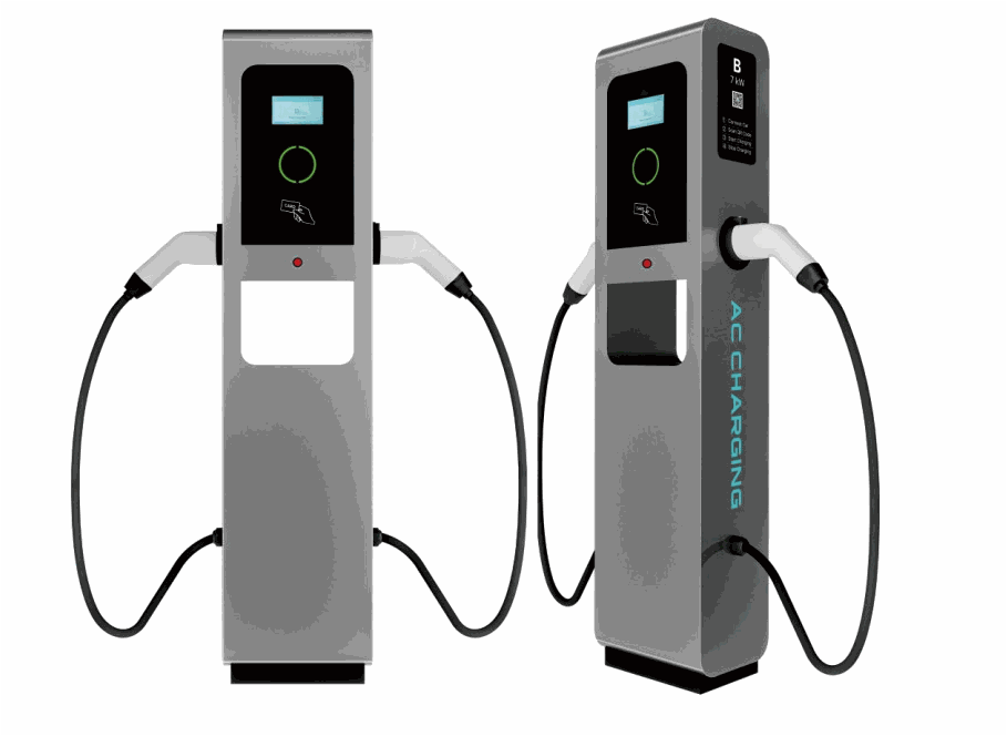 Dual gun floor stand EV charging station with two Type 2 connectors and large display