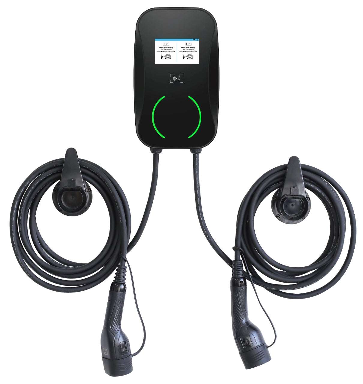 Adjustable current dual gun EV wall charger with two UK Type 2 plugs and 7.4KW power capacity