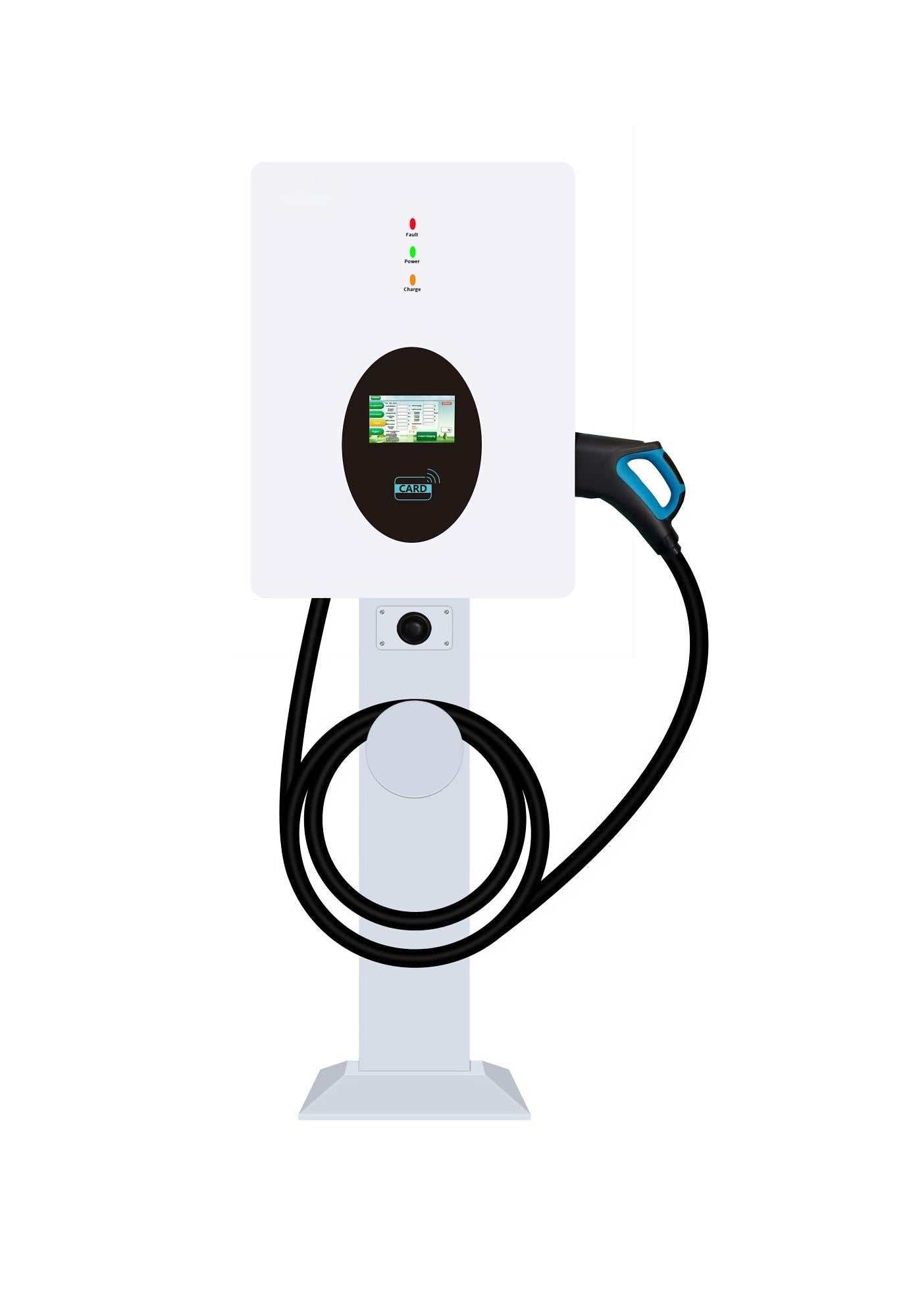 Wall-mounted and column DC Fast EV Charger delivering 30kW-40kW power with CCS2 and GBT connectors for quick electric vehicle charging