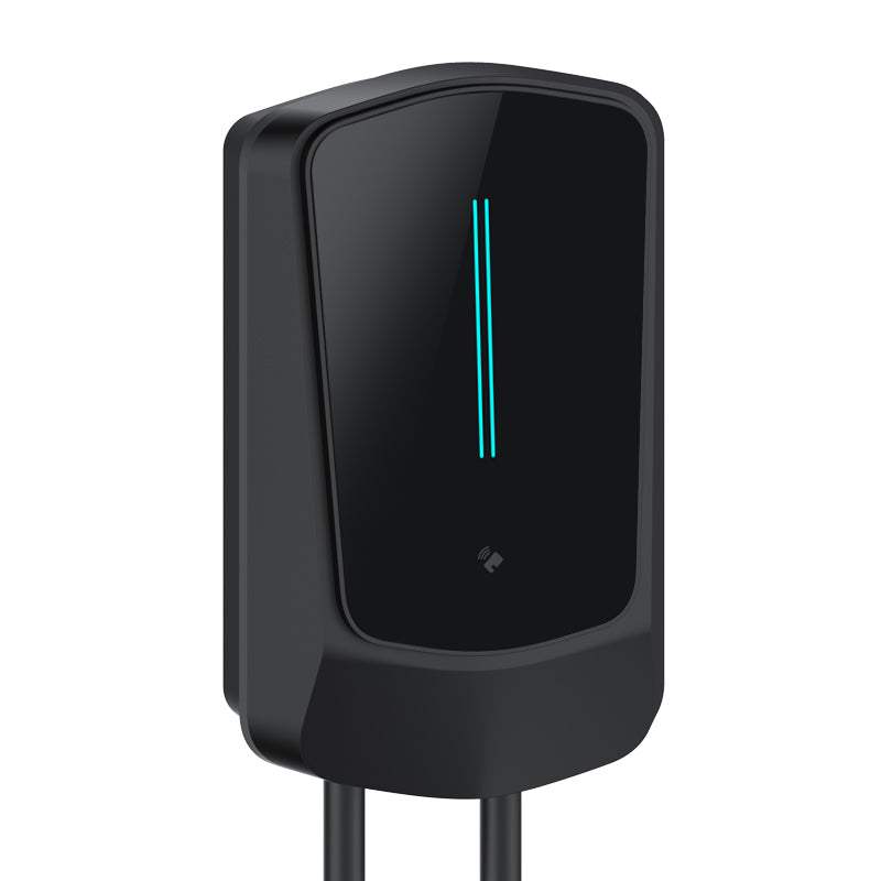 Wallbox EV Charger wall-mounted with 4.3-inch LCD, supports 7/11/22KW power, multiple connectors, app, card and password access.