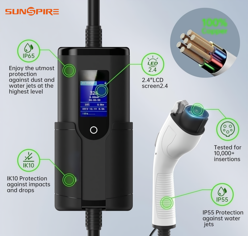 SUNSPIRE Portable 3.5kw 11kw 22kw EV Charger Ac Electric Car Ev Charging Station Charger Type1/Type 2/GBT 5 meters cable