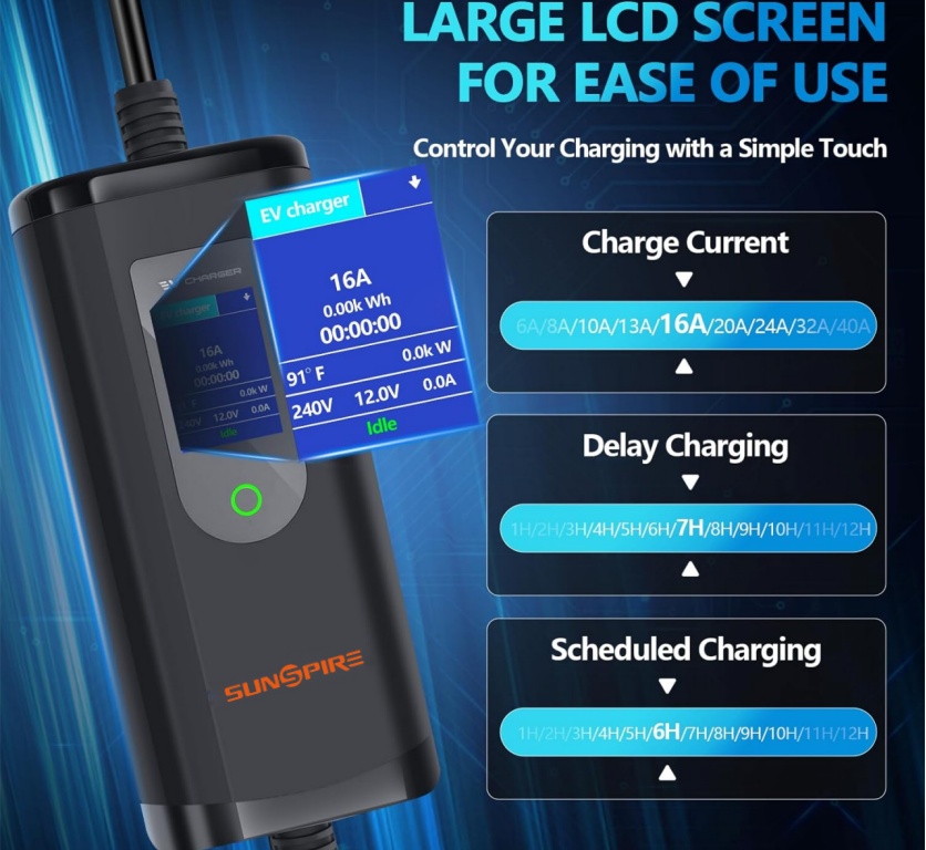 SUNSPIRE Portable 3.5kw 11kw 22kw EV Charger Ac Electric Car Ev Charging Station Charger Type1/Type 2/GBT 5 meters cable