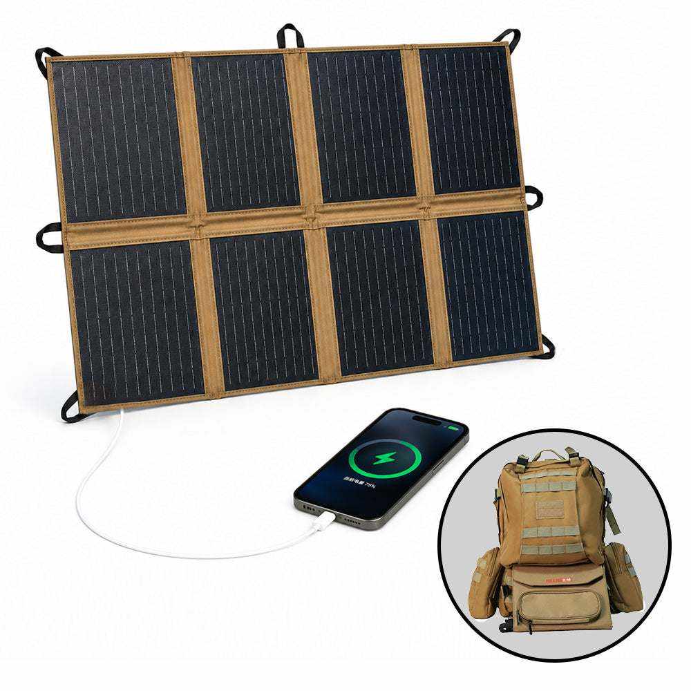 55L large tactical backpack with integrated 60W solar panel and USB port for outdoor survival and trekking
