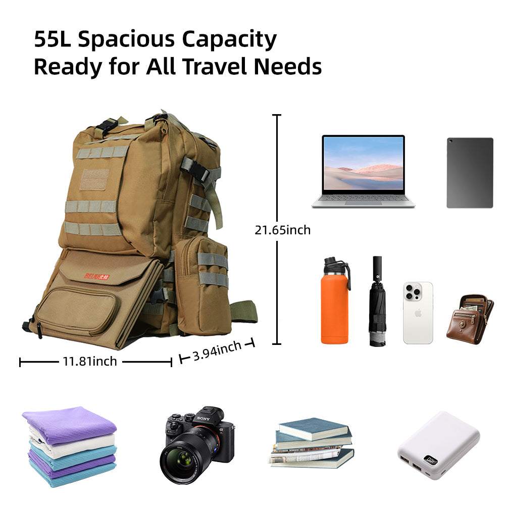 55L Large Tactical Backpack with 60W solar panel and multiple compartments for outdoor adventures
