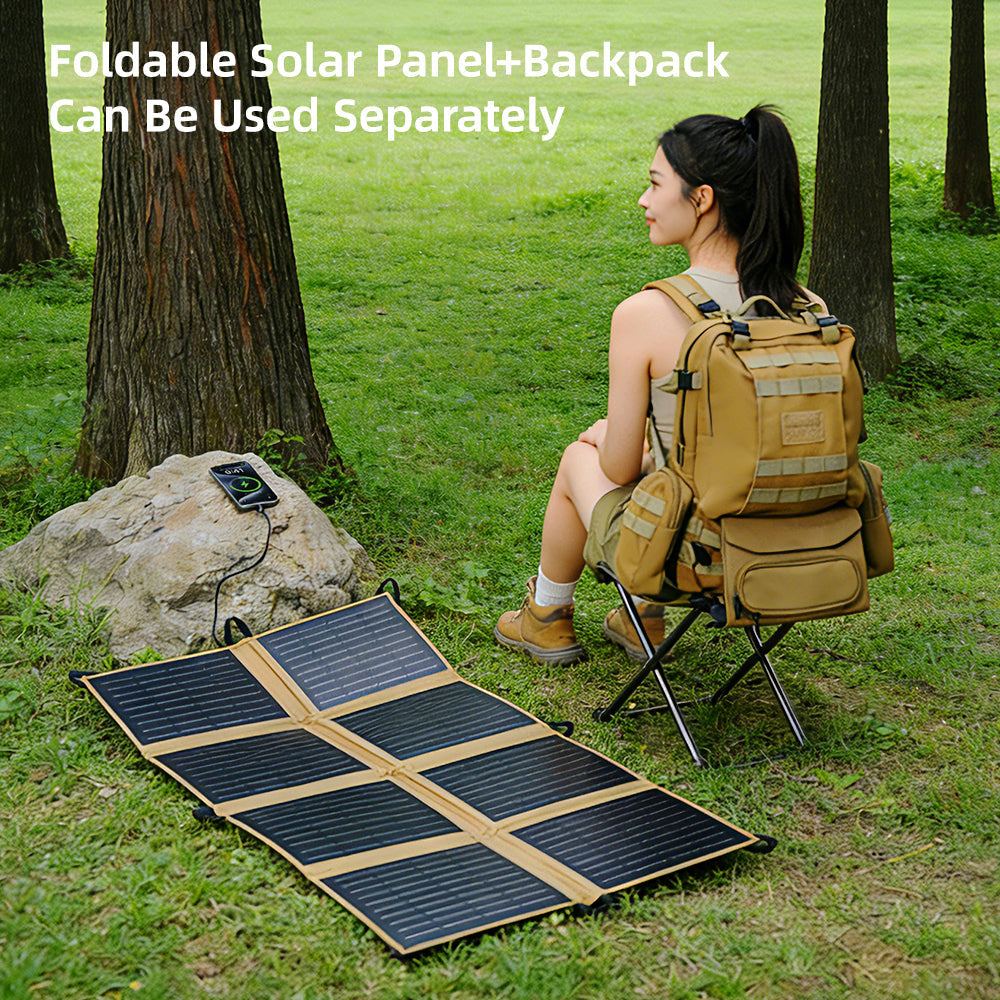 55L large tactical backpack with integrated 60W solar panel and multiple compartments for outdoor adventures