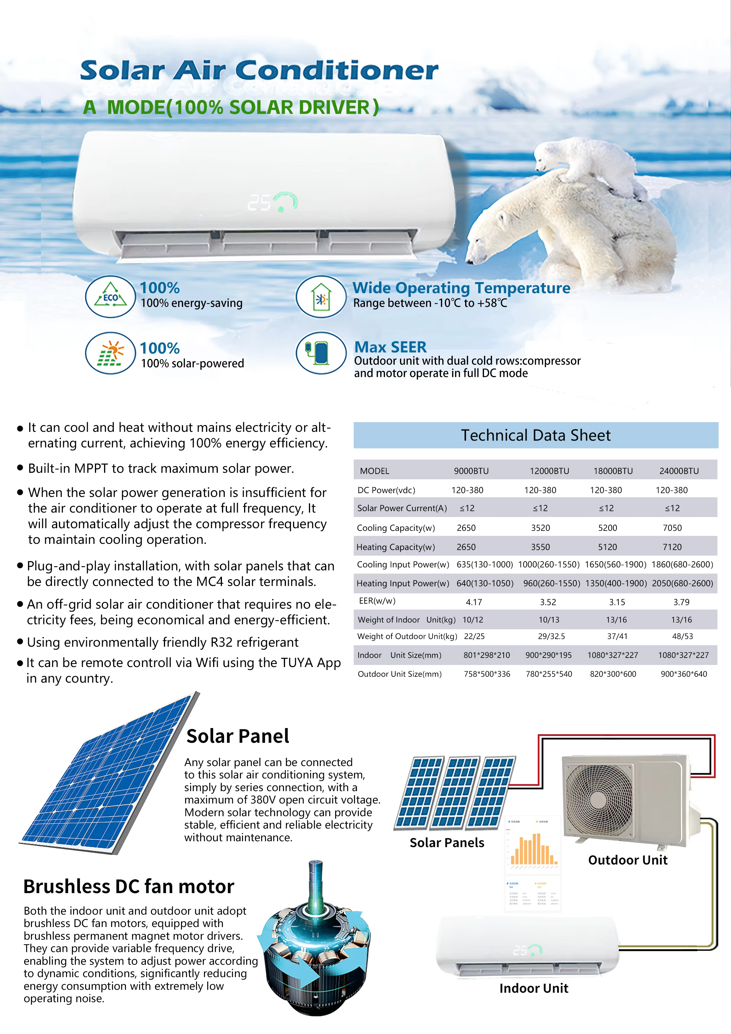 100% Aire Acondicionado Solar Sistema Split 48V CC Inverter/24 Horas 18000BTU 24000 100% Aire Acondicionado Solar/ Aire Acondicionado de Pared Split
