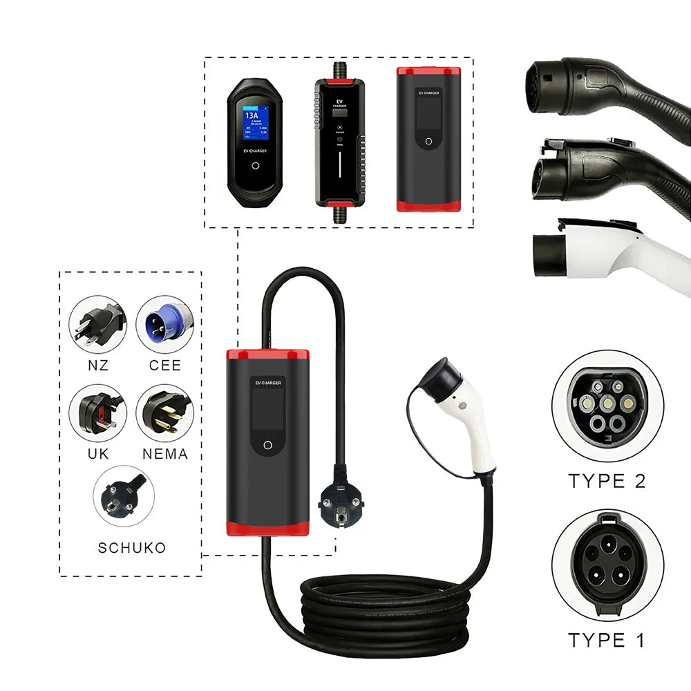 SUNSPIRE Portable 3.5kw 11kw 22kw EV Charger Ac Electric Car  Ev Charging Station Charger Type1/Type 2/GBT 5 meters cable