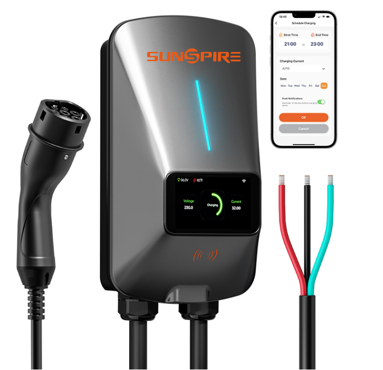 Sunspire European Standard Ip65 WiFi Level 2 Car EV Charger 32A 7KW 22KW Wall-mounted Fast Electric Charging Station For Home UseType2